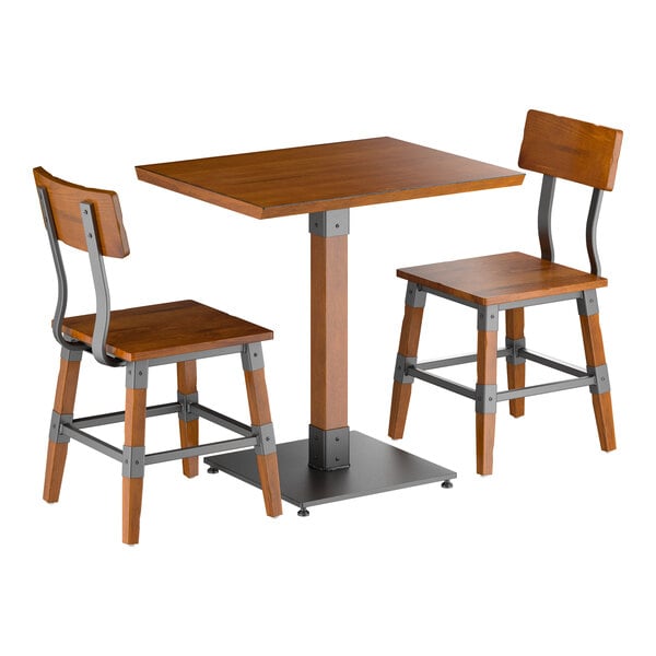Lancaster Table & Seating Industrial 24" x 30" Rustic Walnut Finish Solid Wood Live Edge Standard Height Table with 2 Chairs