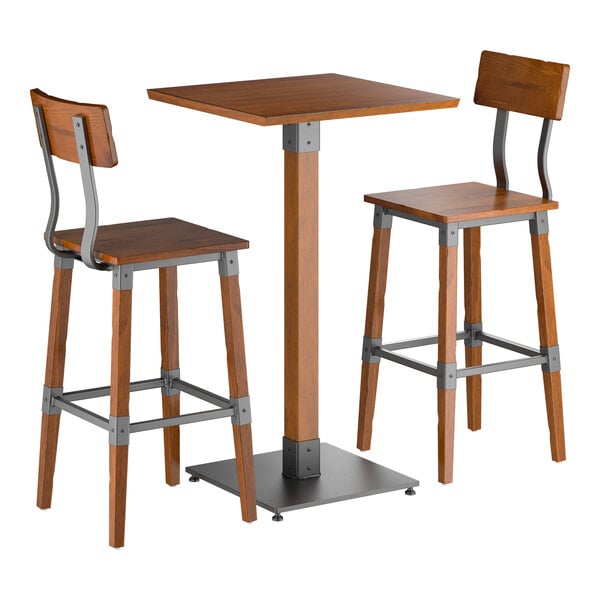 Lancaster Table & Seating Industrial 24" Square Rustic Walnut Finish Solid Wood Live Edge Bar Height Table with 2 Bar Stools