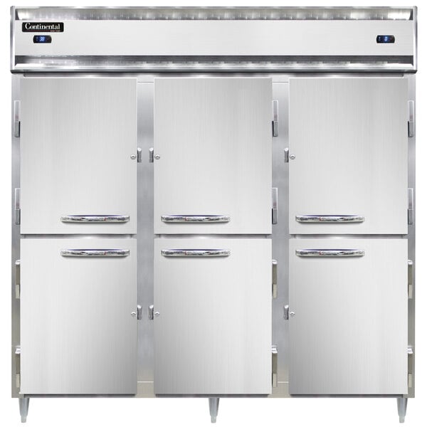 A large stainless steel Continental pass-through refrigerator with open doors.