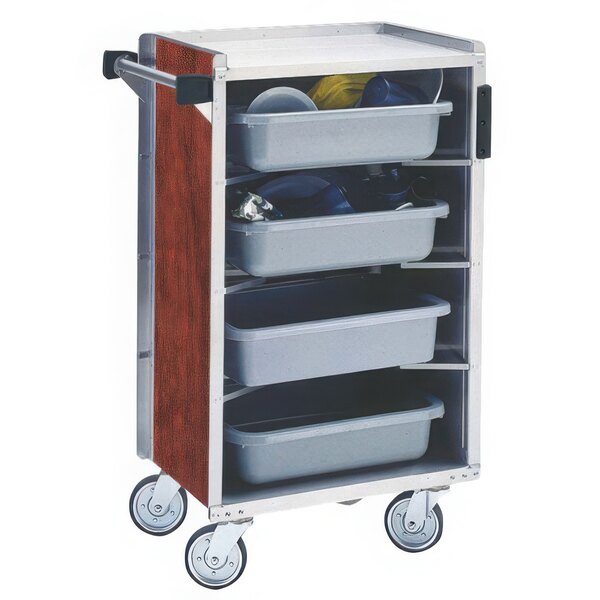 Lakeside 890RM Medium-Duty Stainless Steel Enclosed Bussing Cart with Ledge Rods and Red Maple Finish - 17 5/8" x 27 3/4" x 42 7/8"