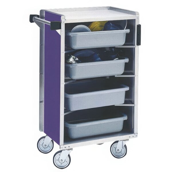 A stainless steel Lakeside utility cart with purple finish and enclosed shelves.