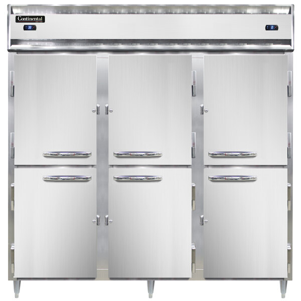 A Continental DL3RRFES-HD refrigerator with three white doors open with silver handles.