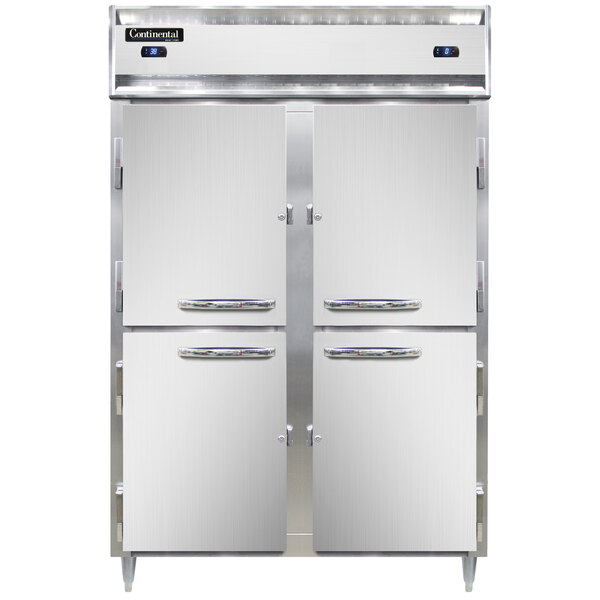 A Continental DL2RFES-SS-HD dual temperature reach-in refrigerator/freezer with a white rectangular object with a black border.