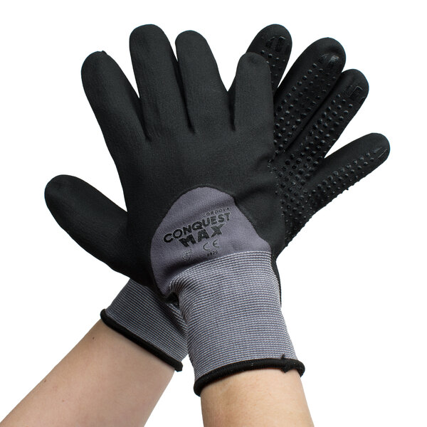 A pair of Cordova Conquest Max warehouse gloves with black and grey trim on a white background.