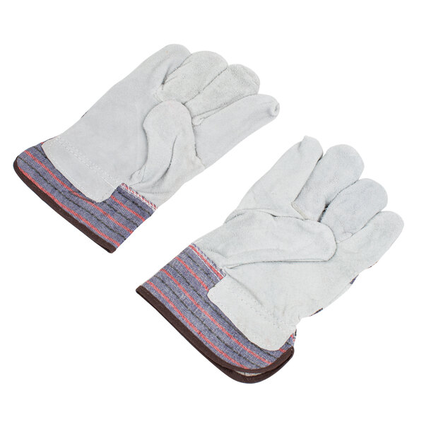 A pair of Cordova warehouse work gloves with red stripes and leather palms. White gloves with red stripes on the cuffs.