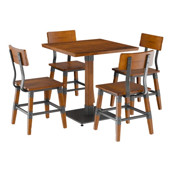 Lancaster Table & Seating Industrial 30" Square Rustic Walnut Finish Solid Wood Live Edge Standard Height Table with 4 Chairs