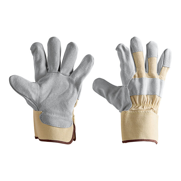 A pair of Cordova white canvas work gloves with rubber cuffs and leather palm coating.