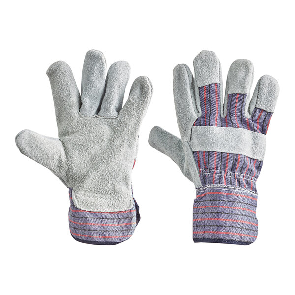 A pair of extra large Cordova work gloves with red and blue stripes and leather palms.