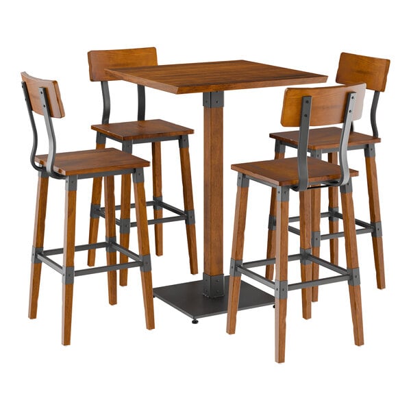 Lancaster Table & Seating Industrial 30" Square Rustic Walnut Finish Solid Wood Live Edge Bar Height Table with 4 Bar Stools