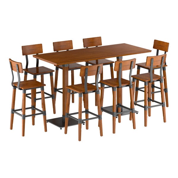 A rectangular wooden bar-height table with a rustic finish, accompanied by eight matching bar stools featuring wooden seats, backs, and metal supports.