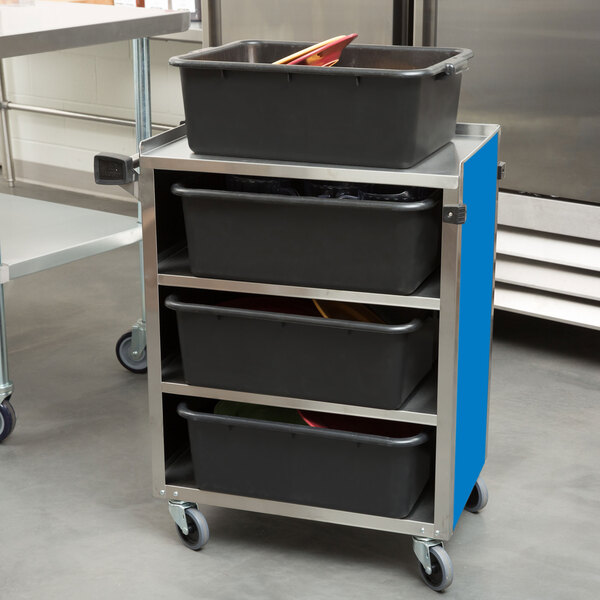 A Lakeside metal utility cart with black bins on it.