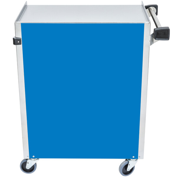 A blue and silver Lakeside utility cart with wheels.