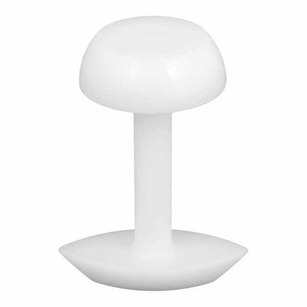 A white, double-sided plastic tool with a round top, a straight central handle, and a flat, angled base.