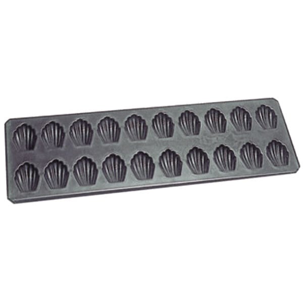 A black Matfer Bourgeat Madeleine sheet with 20 shell-shaped molds.