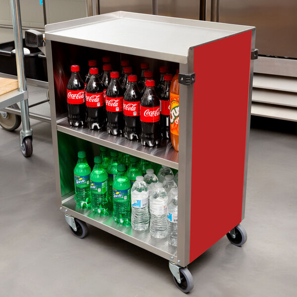 A Lakeside metal utility cart with bottles of soda and water on it.