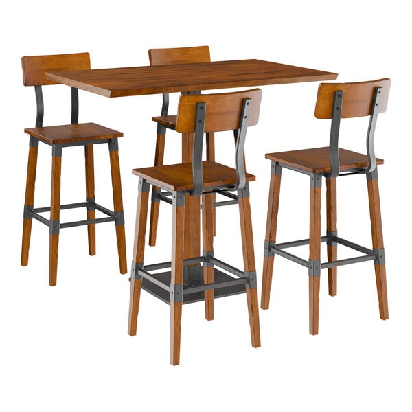 Lancaster Table & Seating Industrial 30" x 48" Rustic Walnut Finish Solid Wood Live Edge Bar Height Table with 4 Bar Stools