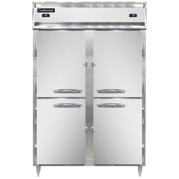 A Continental dual temperature reach-in refrigerator/freezer with solid half doors.