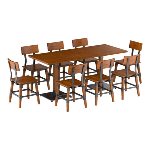 A rectangular wooden dining table with a rustic finish, accompanied by eight matching chairs featuring wooden seats and backs with metal frames.