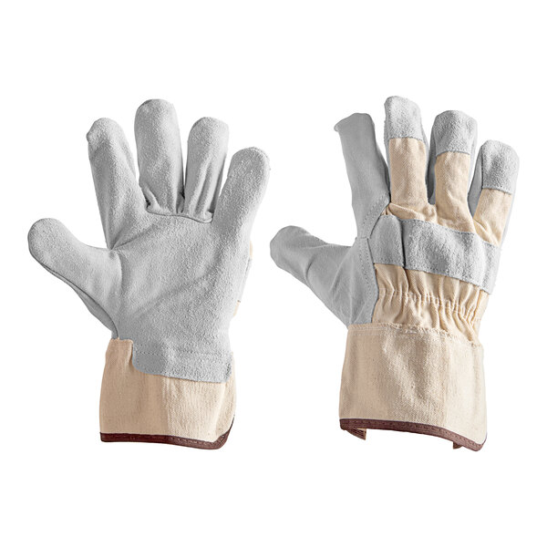 A pair of Cordova canvas work gloves with white canvas and brown leather palms and cuffs.