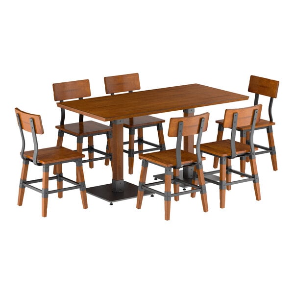 A rectangular wooden dining table with a rustic finish, accompanied by six matching chairs featuring metal accents and wooden seats and backs.