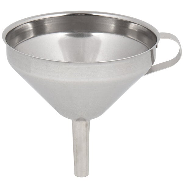 A silver Matfer Bourgeat stainless steel funnel with a handle.