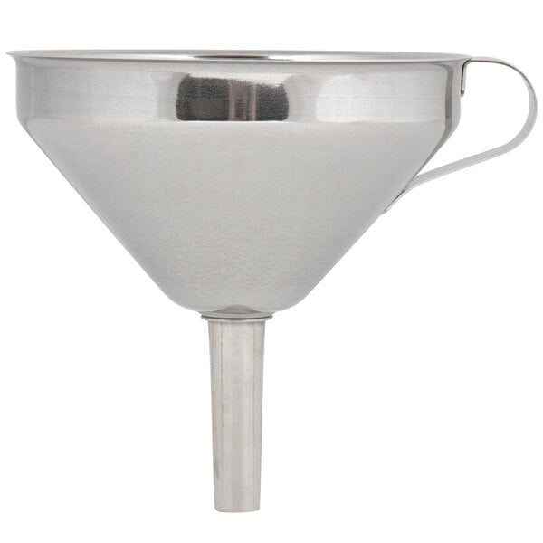 A close-up of a Matfer Bourgeat stainless steel funnel with a handle.