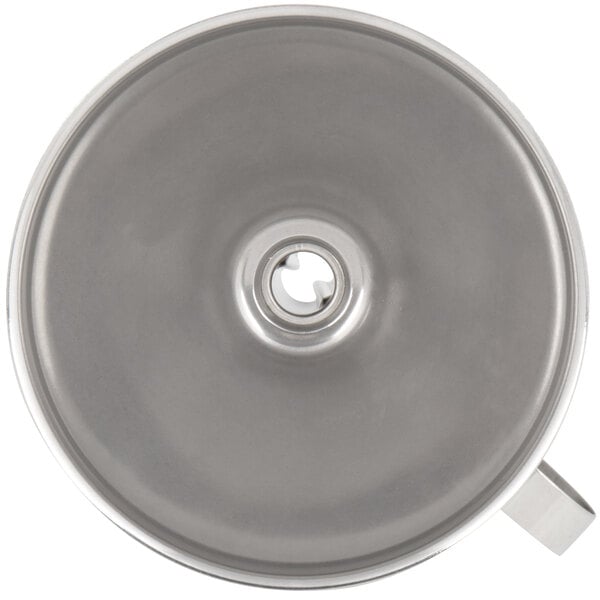 A close-up of a Matfer Bourgeat stainless steel funnel with a detachable strainer.