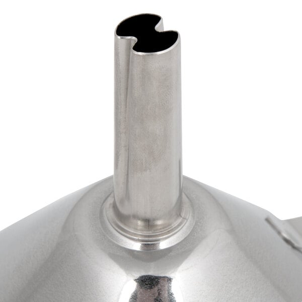 A close-up of a shiny stainless steel Matfer Bourgeat funnel with a detachable strainer inside.