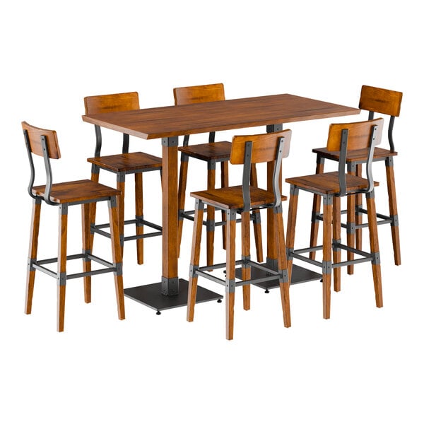 Lancaster Table & Seating Industrial 30" x 60" Rustic Walnut Finish Solid Wood Live Edge Bar Height Table with 6 Bar Stools