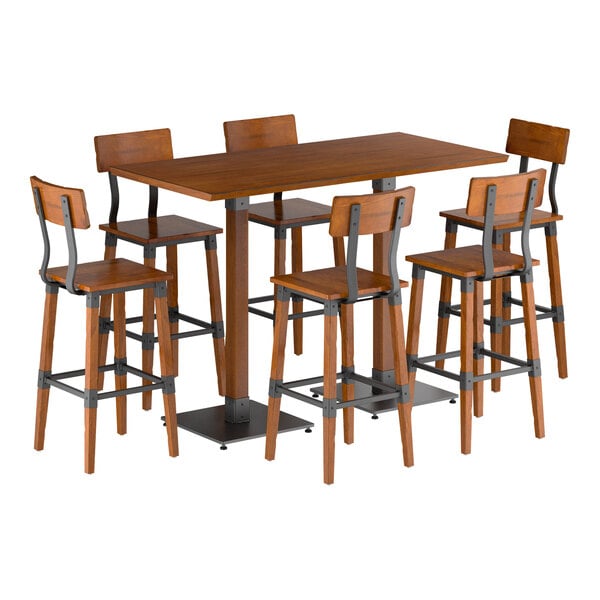 A rectangular wooden bar-height table with a rustic finish, accompanied by six matching bar stools featuring metal accents and footrests.