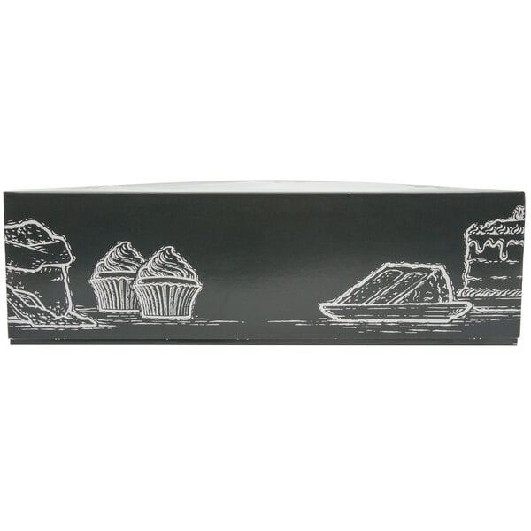 A black bakery box with white drawings of a boat and cupcakes.
