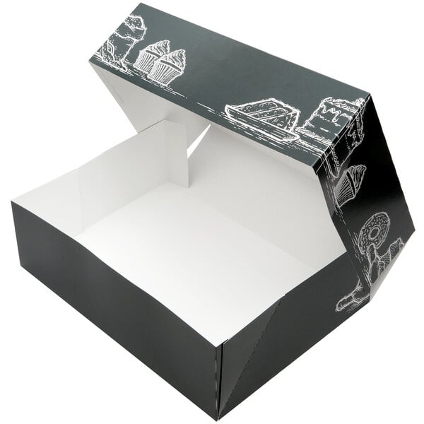 A black bakery box with white drawings on it.