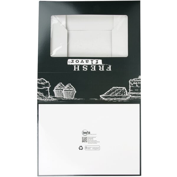A white bakery box with a black border and window.