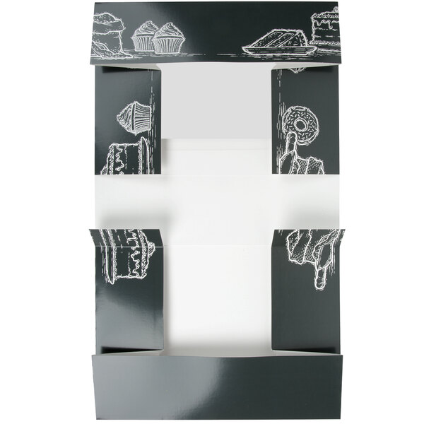 A white bakery box with a black line drawing of a cake.