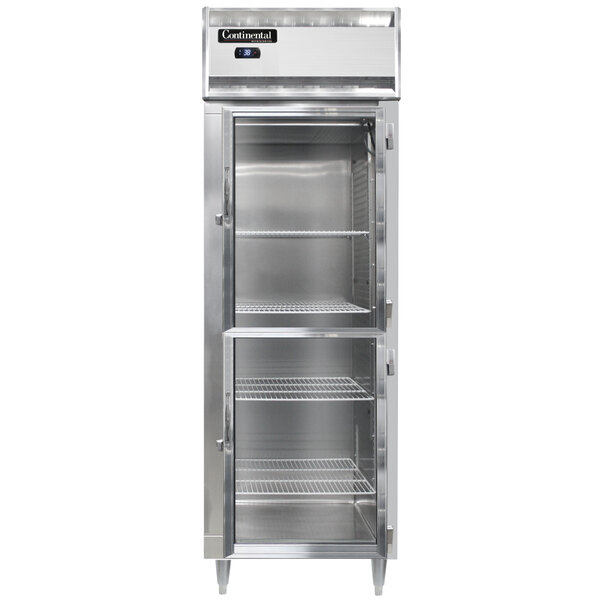 A Continental shallow depth reach-in refrigerator with glass doors.