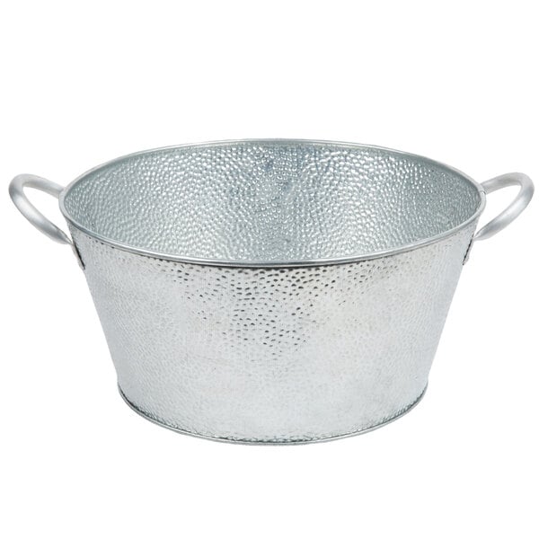 A Tablecraft galvanized steel beverage tub with handles.