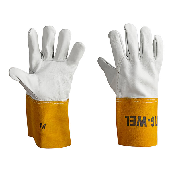 A pair of white leather Cordova welder's gloves with yellow cuffs.