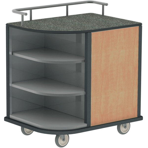 A Lakeside stainless steel self-serve hydration cart with corner shelves on wheels.