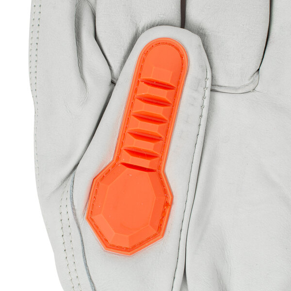 A close up of a Cordova leather warehouse glove with orange TPR protectors.