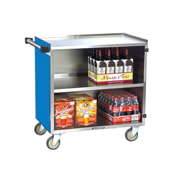 A Lakeside blue stainless steel utility cart with wine and soda bottles on it.
