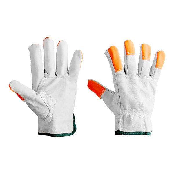A pair of Cordova white leather driver's gloves with Hi-Vis orange fingertips.