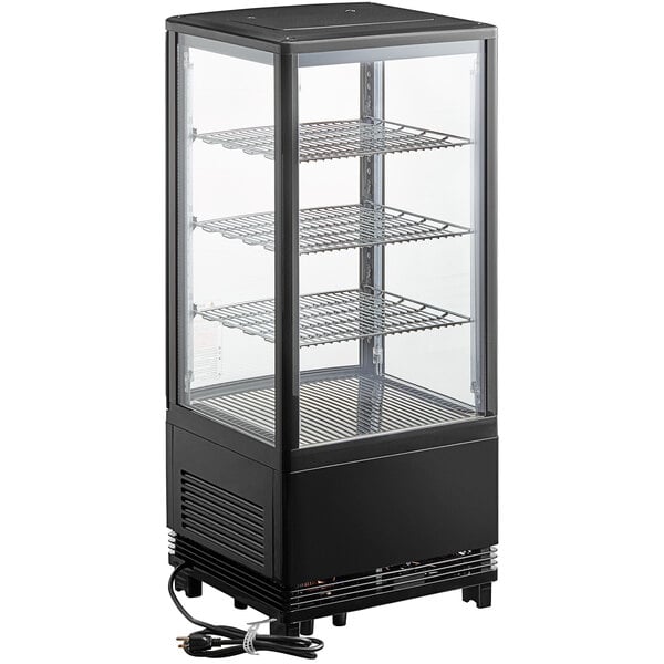 An Avantco black glass sided countertop display refrigerator with shelves.
