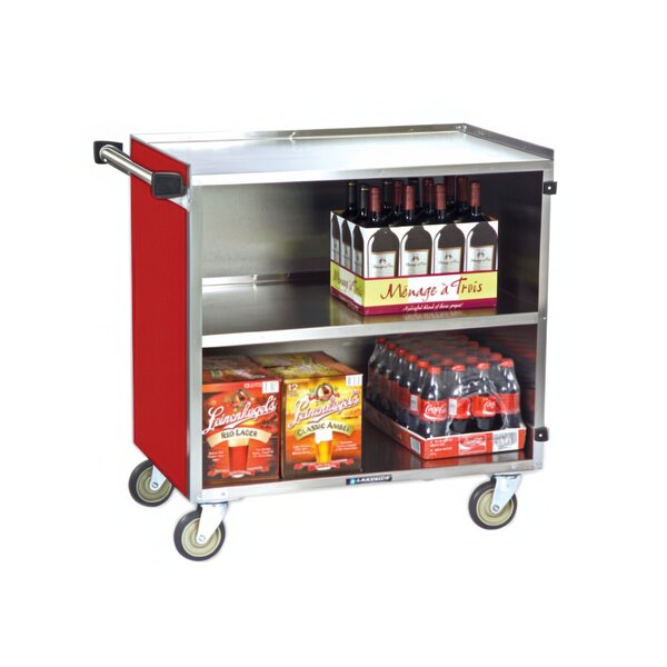 A Lakeside stainless steel utility cart with red shelves holding boxes of beverages and soda bottles.