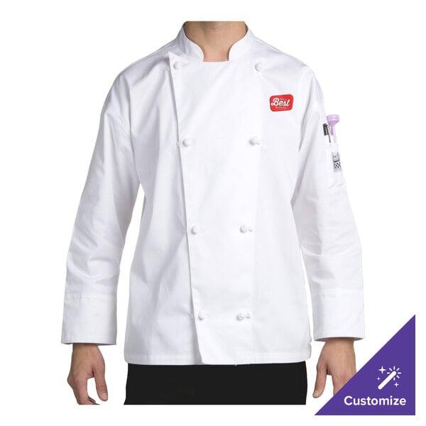 A person wearing a white Chef Revival long sleeve chef coat with a purple logo.