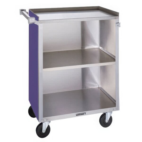 A silver Lakeside utility cart with purple shelves and enclosed base.
