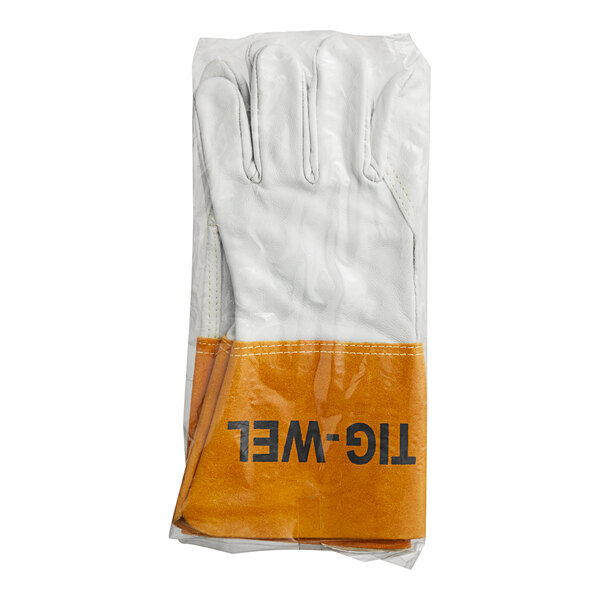 A pair of Cordova leather welder's gloves in a plastic bag. One glove has the word "LC" on it.