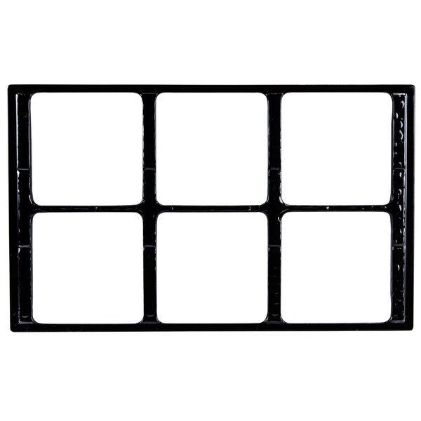 A black square melamine plate with six white square cut-outs.