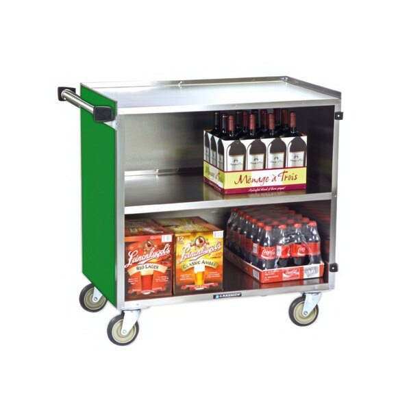 A Lakeside stainless steel utility cart with green shelves holding wine and soda bottles.