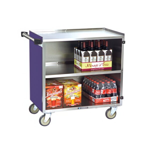 A Lakeside stainless steel utility cart with a purple finish and bottles of wine and soda on it.