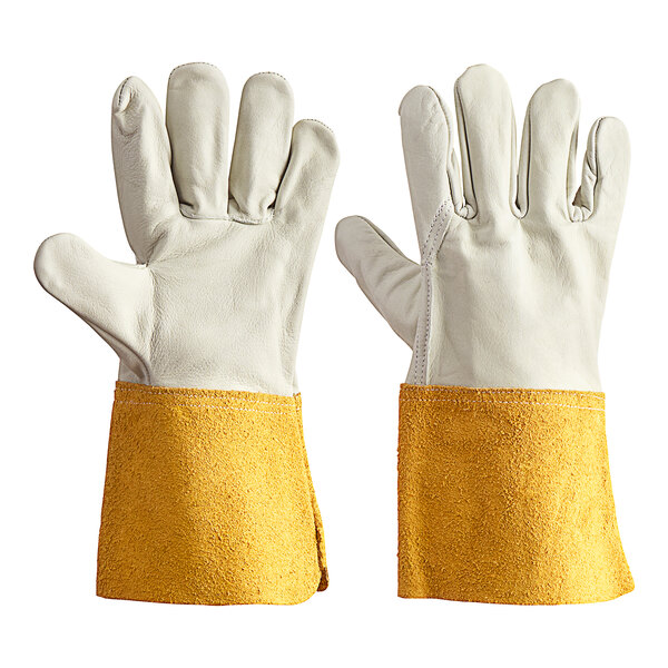 A pair of Cordova welding gloves with yellow grain leather and russet split leather cuffs.